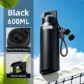 Black 600ml stainless steel sports vacuum water bottle with dual drinking cap and straw. - 620ml / Black - 1st Gen