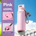 Botella de agua deportiva de acero inoxidable rosa de 600 ml con pajita y doble tapa, portátil. - 620ml / Rosa (Gen. 1)
