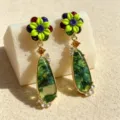 Retro vintage colorful gemstone earrings with green enamel flower studs and green drop stones. - 2609112a gradient green