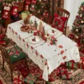 Christmas embroidered tablecloth, white polyester lace table cover with red floral festive decor. - Christmas Flower