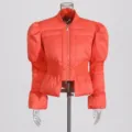 Women orange puff sleeve puffer jacket slim fit winter coat casual zip up outerwear - S / Tops / Red