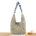 Woven straw shoulder bag featuring unique blue ruffled fabric straps for women summer casual beach. - Beige