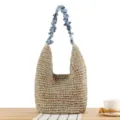 Woven shoulder bag with blue pleated handle, chic straw hobo bag for beach and daily commute. - Camel