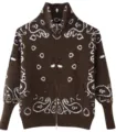 Brown paisley print knit cardigan, high collar full-zip sweater with pockets for women. - Coffee