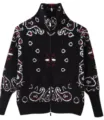 Black paisley jacquard knit cardigan, full zip high collar casual sweater variant item. - Black and Red Print