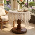 Beige crochet round tablecloth with tassels, vintage lace table cover for home decor. - 65*60cm / Beige