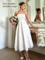 Detail view of the elegant white strapless jacquard midi dress, perfect for daily party wear. - White