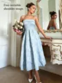 Elegant light blue strapless jacquard midi dress for party and daily wear, chic French style. - Light Blue