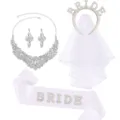 Σετ νυφικό κολιέ σκουλαρίκια στρας πέπλο BRIDE και σατέν ζώνη για πάρτι εργένικης ζωής. - Ένα μέγεθος / Σετ Πέντε Τεμαχίων Bride (XL006)