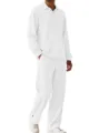 Men solid white knit long sleeve polo shirt and pants set casual lounge wear variant - S / Top And Bottom / White