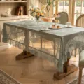 Green lace tablecloth with elegant ruffles, vintage hollow floral design for dining table decor. - 140*140cm / Green Round Mirror Flower (Ruffled)
