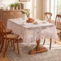 Elegant pink lace tablecloth with delicate floral embroidery and ruffle edge for dining table decor. - 140*140cm / Pink Round Mirror Flower (Ruffled)