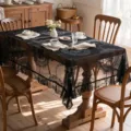Black lace tablecloth with elegant ruffles, vintage floral hollow dining table cover decor. - Black Round Mirror Flower (Ruffled)