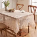 Vintage beige lace tablecloth with elegant ruffles and floral embroidery for dining table. - Beige Round Mirror Flower (Ruffled)