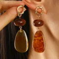 Chic Maillard style amber tortoise shell drop earrings, golden geometric metal fashion jewelry. - Leopard Print Petal Tassel Style (7939)