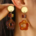 Amber resin flower earrings, stylish geometric gold drop earrings for women daily wear. - Resin Square Patchwork Petal (3217)