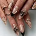 Luxus künstliche Nägel lang Mandel französisch schwarz gold 3D Blume Perle Set - Französischer Schwarzer Rand 3D Goldblumen Stil (M-B331) / 24 Stück/Set