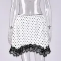 Women's white polka dot short skirt with black lace trim, elegant high waist casual mini skirt. - S / Bottoms / White Polka Dot