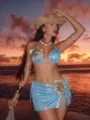 Atractivo conjunto de bikini metálico sexy con tela azul brillante y hermoso bordado floral dorado. - S / Parte Superior y Inferior / Azul Oro