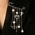 Silver safety pin brooch with pearls and hanging chain charms elegant fashion jacket accessory - Cross Flower Letter Tassel Style (3985)