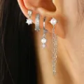 Multi-piece silver zircon faux pearl piercing set, detail closeup showing stylish ear cuff design. - Silver (4159)
