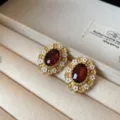 Vintage red gemstone earrings with white enamel flowers and gold-tone finish for women. - 48# Earrings - Gold-Red