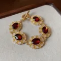 Vintage gold red gemstone bracelet with floral details, elegant retro jewelry accessory. - 47# Bracelet - Gold-Red