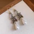 Vintage gold-tone pearl rhinestone drop earrings, elegant floral dangle jewelry for women. - 3# Ear Hook - Antique Gold
