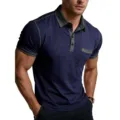 Dettaglio polo manica corta uomo, design con bordi a contrasto, top casual estivo traspirante. - Blu zaffiro