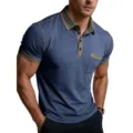 Polo da uomo a manica corta con colletto, polsini, tasca e cuciture a contrasto. - Blu jeans