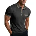 Detailed view of men's short sleeve polo shirt with contrast collar and chest pocket. - S / Tops / Black