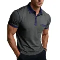 Men's short sleeve polo shirt with contrast color collar, placket, and chest pocket detail. - S / Tops / Dark Gray