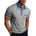 Men grey contrast polo shirt short sleeve casual summer top breathable apparel detail view - S / Tops / Light Gray