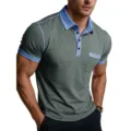 Dettaglio polo uomo manica corta, design colletto a contrasto, tessuto traspirante. - Verde