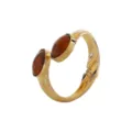 Gold open cuff bangle featuring dual oval brown stones, stylish metallic fashion bracelet. - Wide Open-Ended Double Gemstone Bracelet (B4041)