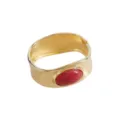 Gold wide bangle bracelet featuring a striking oval red stone statement piece for women stylish. - Wide Smooth Red Gemstone Bracelet (B4044)