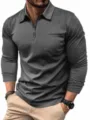 Men's long sleeve polo shirt casual slim fit turn down collar top with zipper and chest pocket - Gray