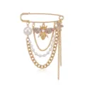 Gold safety pin brooch with pearl chains, rhinestone bee and butterfly pendants for women. - Gold Pearl Bee Butterfly Tassel Pin (J260727-4)