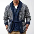 Men's vintage diamond jacquard knit cardigan sweater with a stylish shawl collar and belt. - M / Tops / Navy Blue