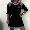 Women denim spliced hooded sweatshirt dress long sleeve casual mini dresses pockets casual wear - S / Dresses / Black