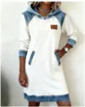 Women casual denim spliced hooded sweatshirt dress long sleeve stylish streetwear outfit apparel - S / Dresses / White