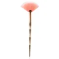 Pink fan makeup brush with rose gold geometric handle, ideal for highlighter and setting powder. - Small Rose Gold Fan Brush