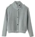 Cárdigan de punto gris holgado para mujer, jersey elegante de cuello alto con botones chic. - Gris