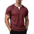 Men's casual short sleeve henley t-shirt with fake two piece collar and chest pocket summer. - S / Tops / Burgundy
