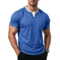 Men's short sleeve Henley t-shirt fake two piece round neck casual slim fit top summer style - S / Tops / Blue