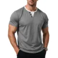 Men short sleeve henley t shirt fake two piece casual summer top with pocket grey male apparel - Gray