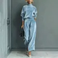 Ensemble deux pieces femme velours haut col roule et pantalon automne hiver chic luxe - Bleu clair