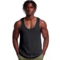 Detail view of men's black mesh tank top, breathable sleeveless athletic shirt design. - M / Tops / Black