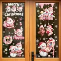 Pink Christmas electrostatic glass window stickers, cute Santa and snowman decals for door decor - Pink Christmas Cartoon Static Glass Sticker (HYC-102)