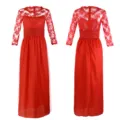 Vestido de noche largo de encaje transparente de manga larga para mujer elegante. - S / Conjunto de Top y Pantalón / Rojo